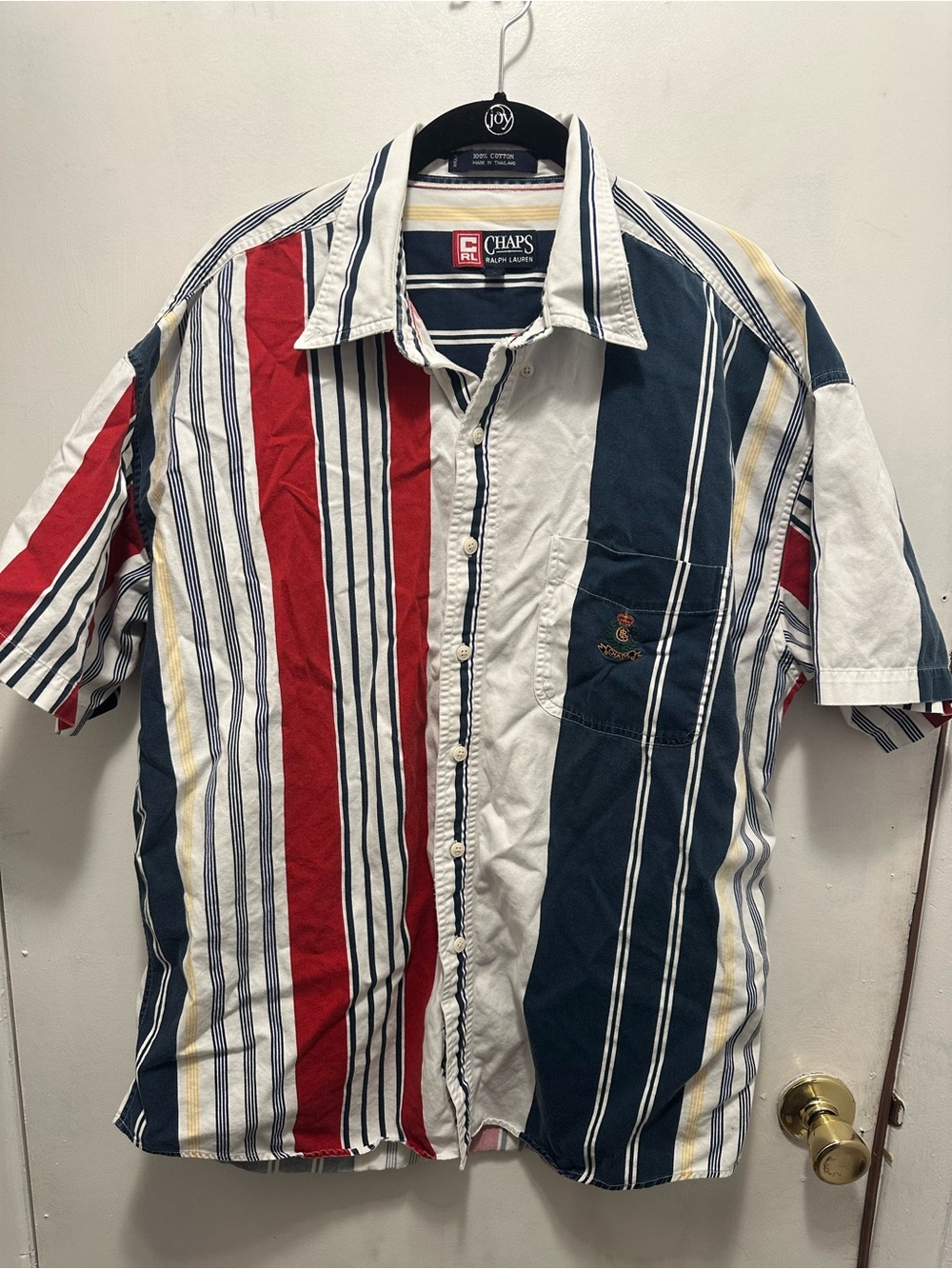 Vintage Chaps Ralph Lauren Striped Button Up Shirt Mens L Red White Blue Crest